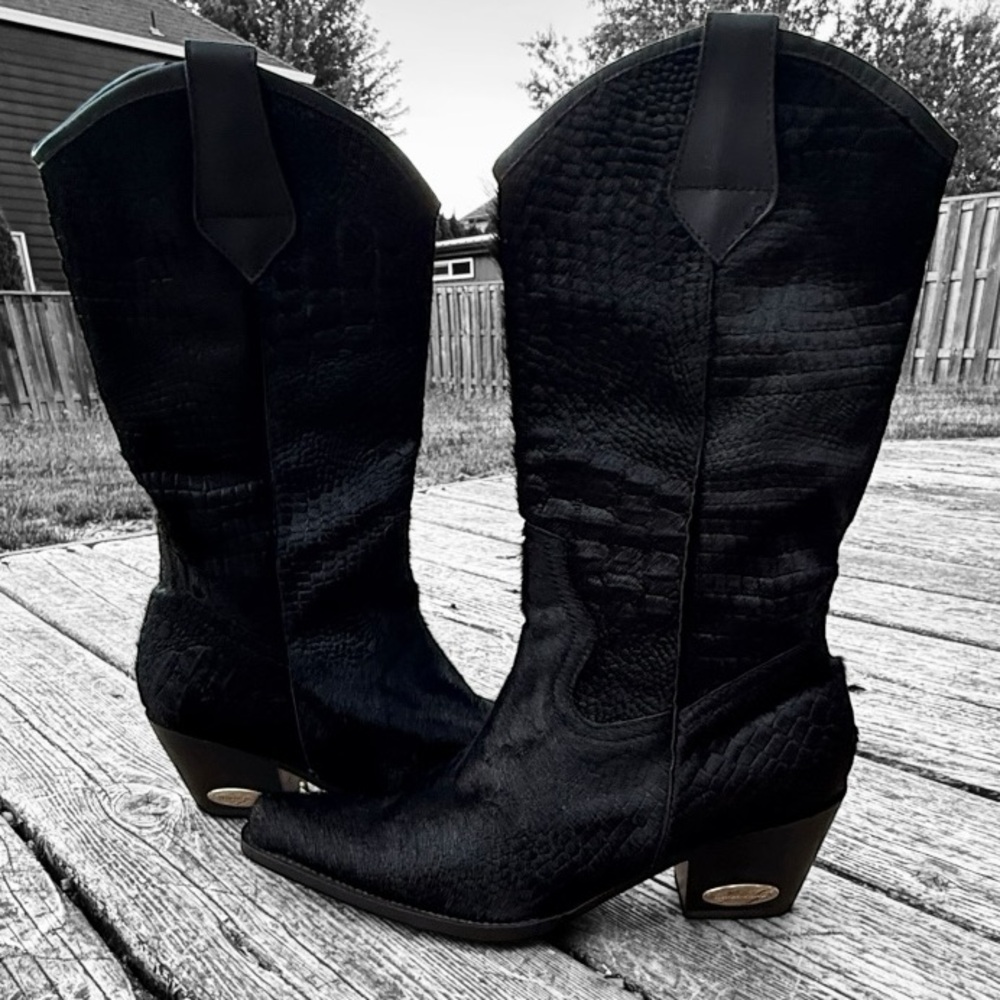 Rockwell Tharp Genuine Calf Hair Crocodile Embossed Pattern Western Style Boots - Picture 7 of 9